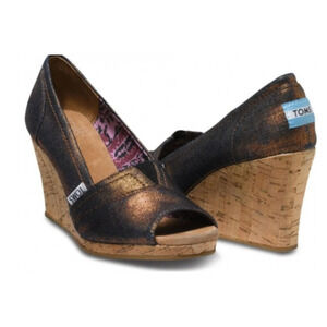 Toms Women's Metallic Copper Calypso Peep Toe Wedge Shoe Size 9.5W